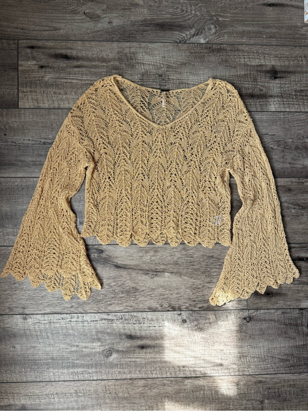 Free People yellow crochet bell sleeve sweater